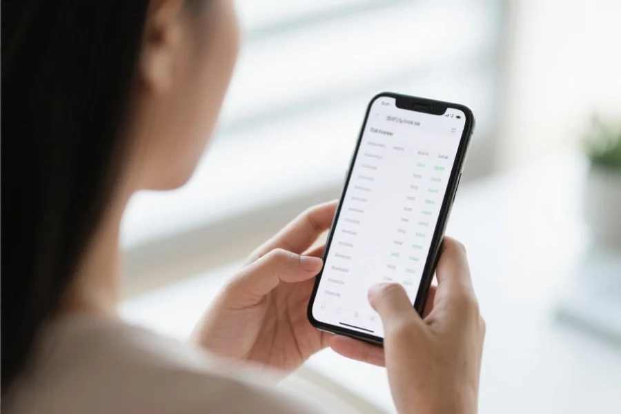 用户在明亮的环境中专注地浏览手机上的查询结果，屏幕上呈现简洁、易读的数据列表