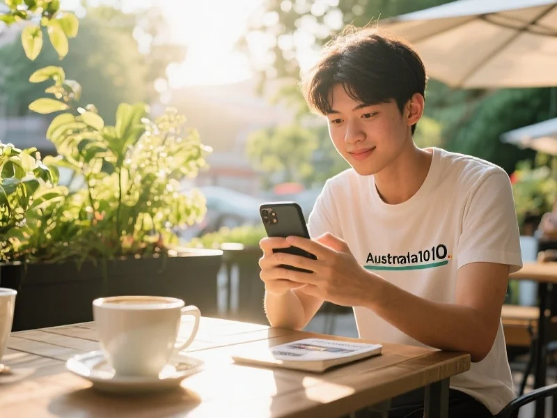 一位年轻用户在户外咖啡厅使用手机浏览澳洲10官网,背景为自然光和绿色植物